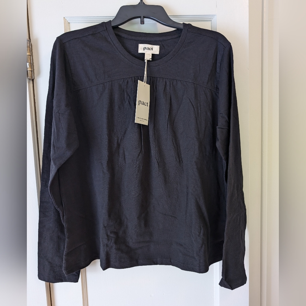 New PACT Women's Black Relaxed Slib Gathered Long Sleeve Top Large